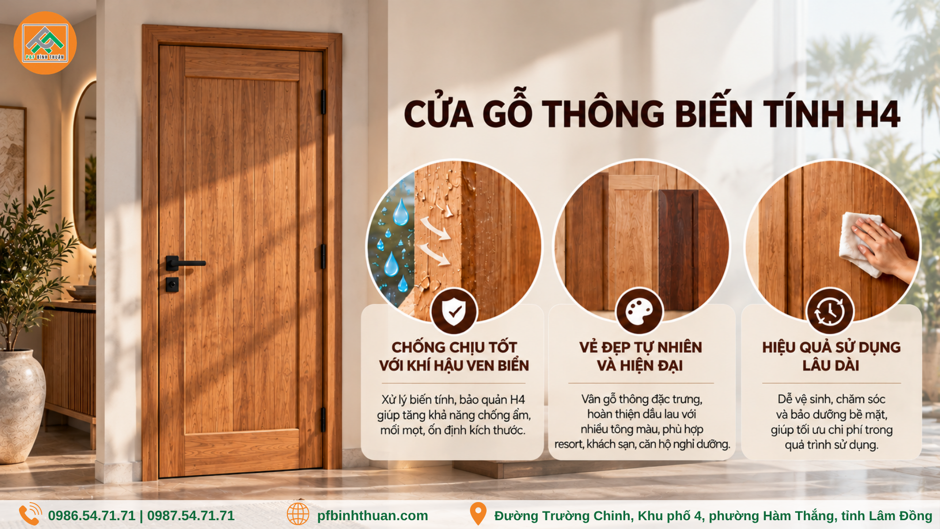 Cửa gỗ thông biến tính H4 – Hướng tiếp cận mới của P&F Bình Thuận