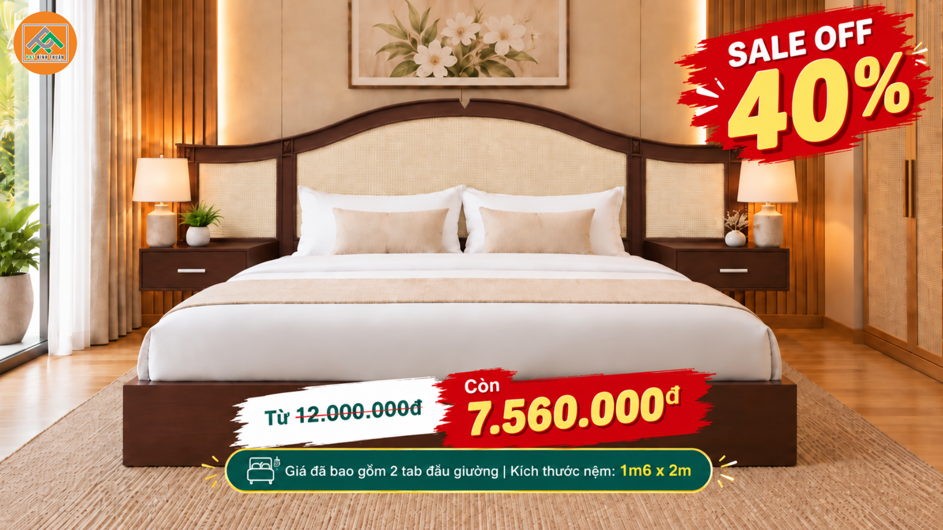GIƯỜNG NGỦ PHONG CÁCH INDOCHINE  + 2 TAB ĐẦU GIƯỜNG