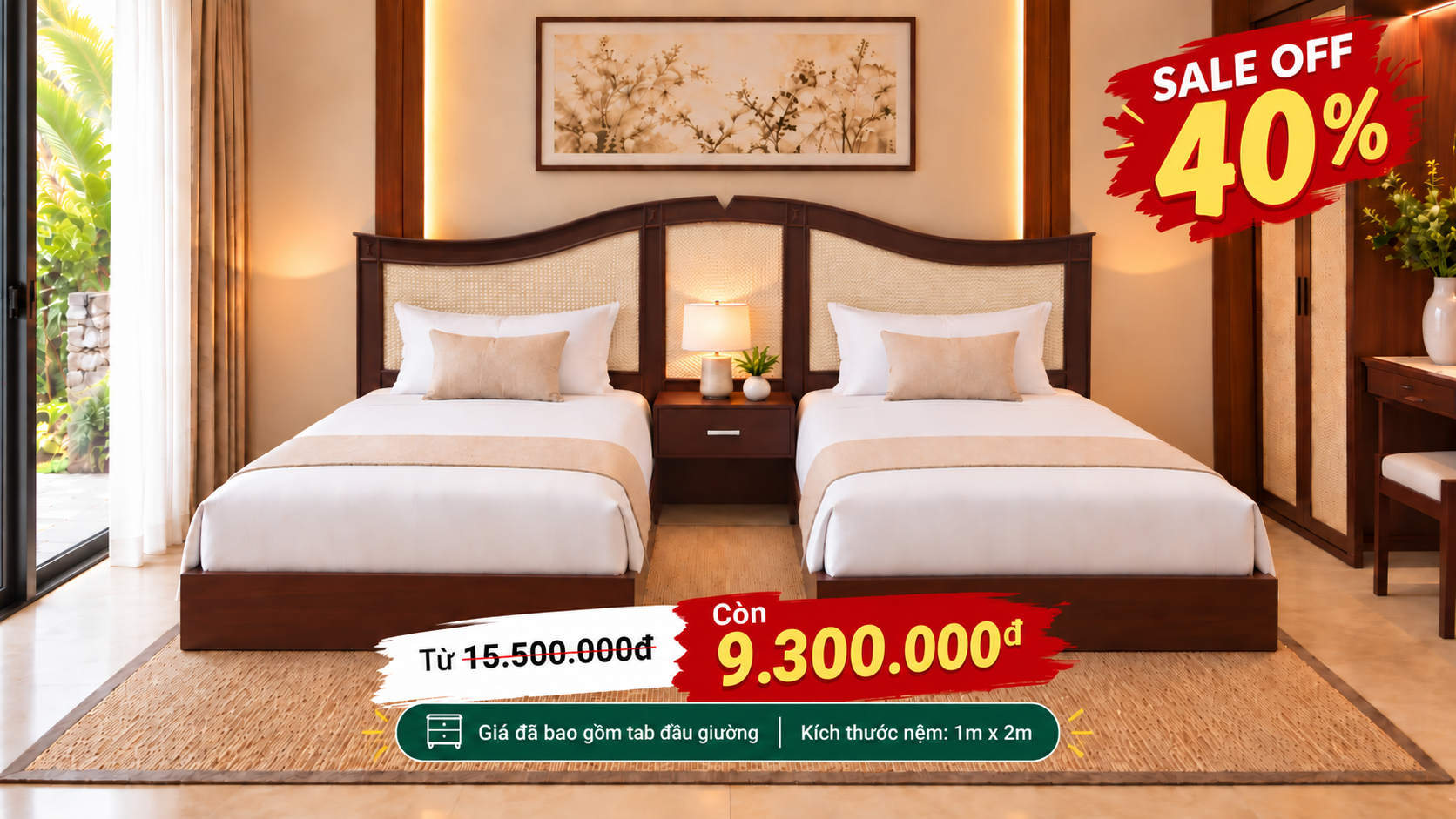 GIƯỜNG NGỦ PHONG CÁCH KHÁCH SẠN INDOCHINE ĐƠN BỘ 2 CHIẾC + TAB ĐẦU GIƯỜNG TRUNG TÂM