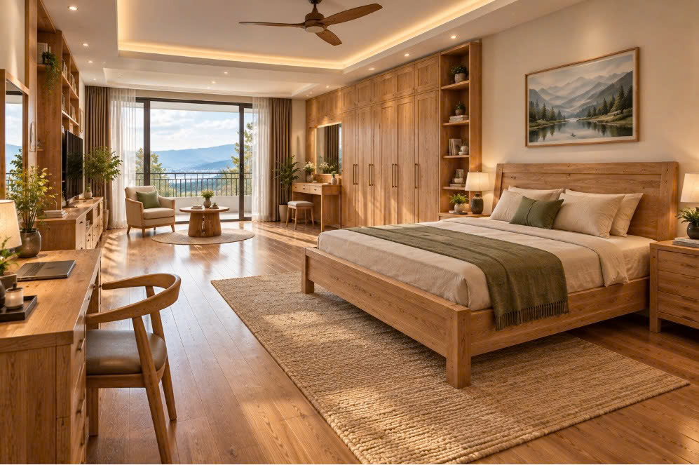 KHÔNG GIAN THƯ THÁI VỚI NỘI THẤT PHÒNG NGỦ GỖ SỒI NHẬP KHẨU LAU DẦU TỰ NHIÊN